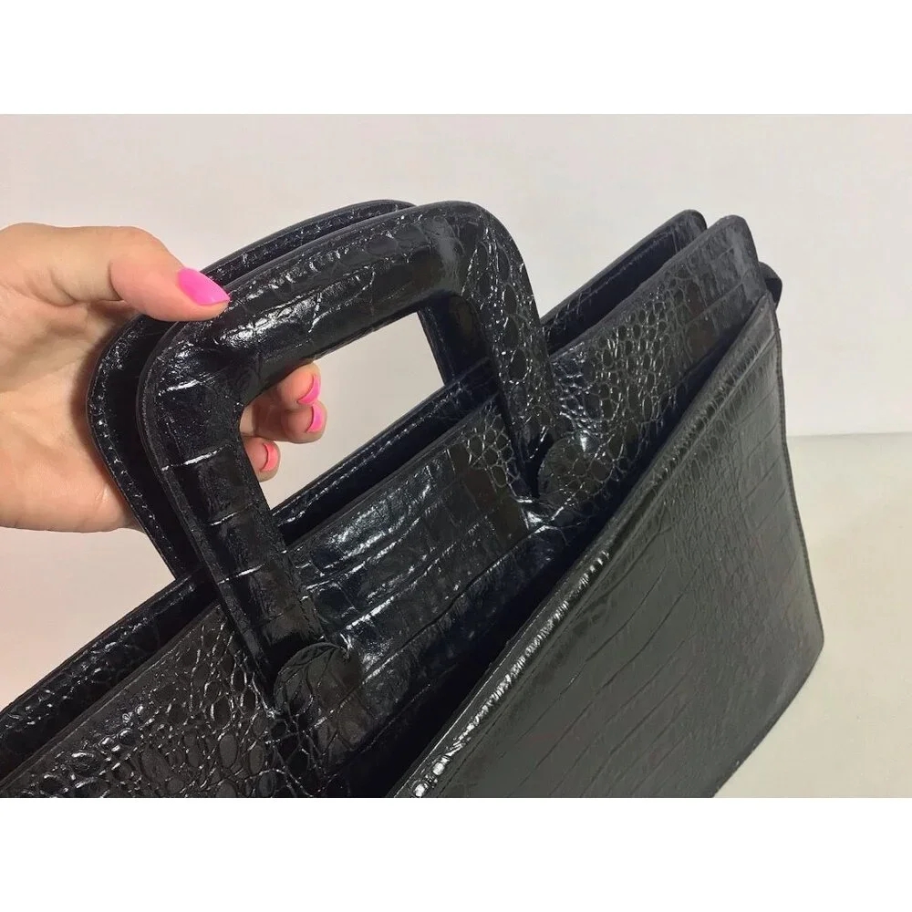 Vintage Croc Embossed Black Leather Laptop Bag Briefcase